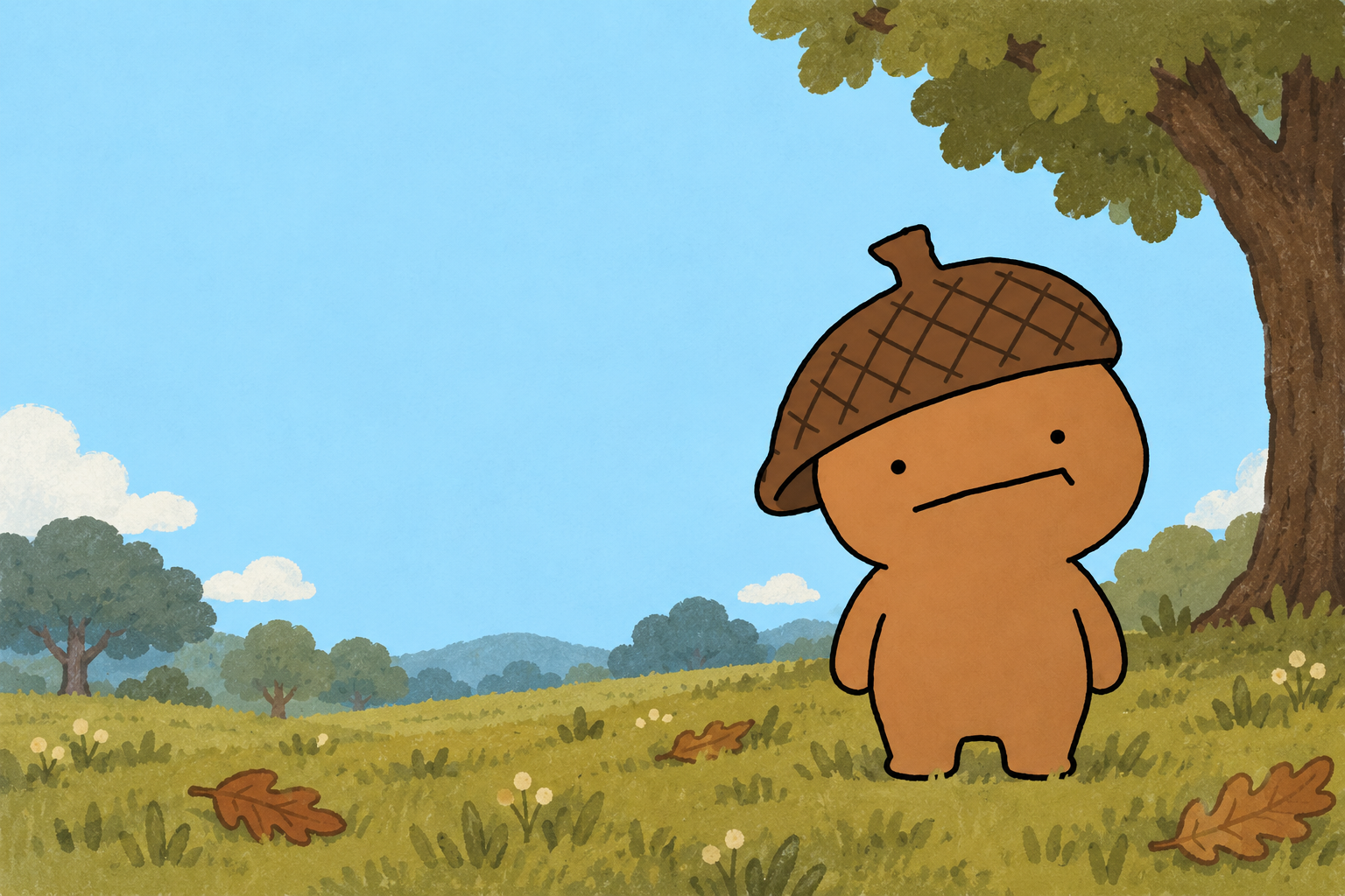 dubo the acorn standing in a quiet oak meadow